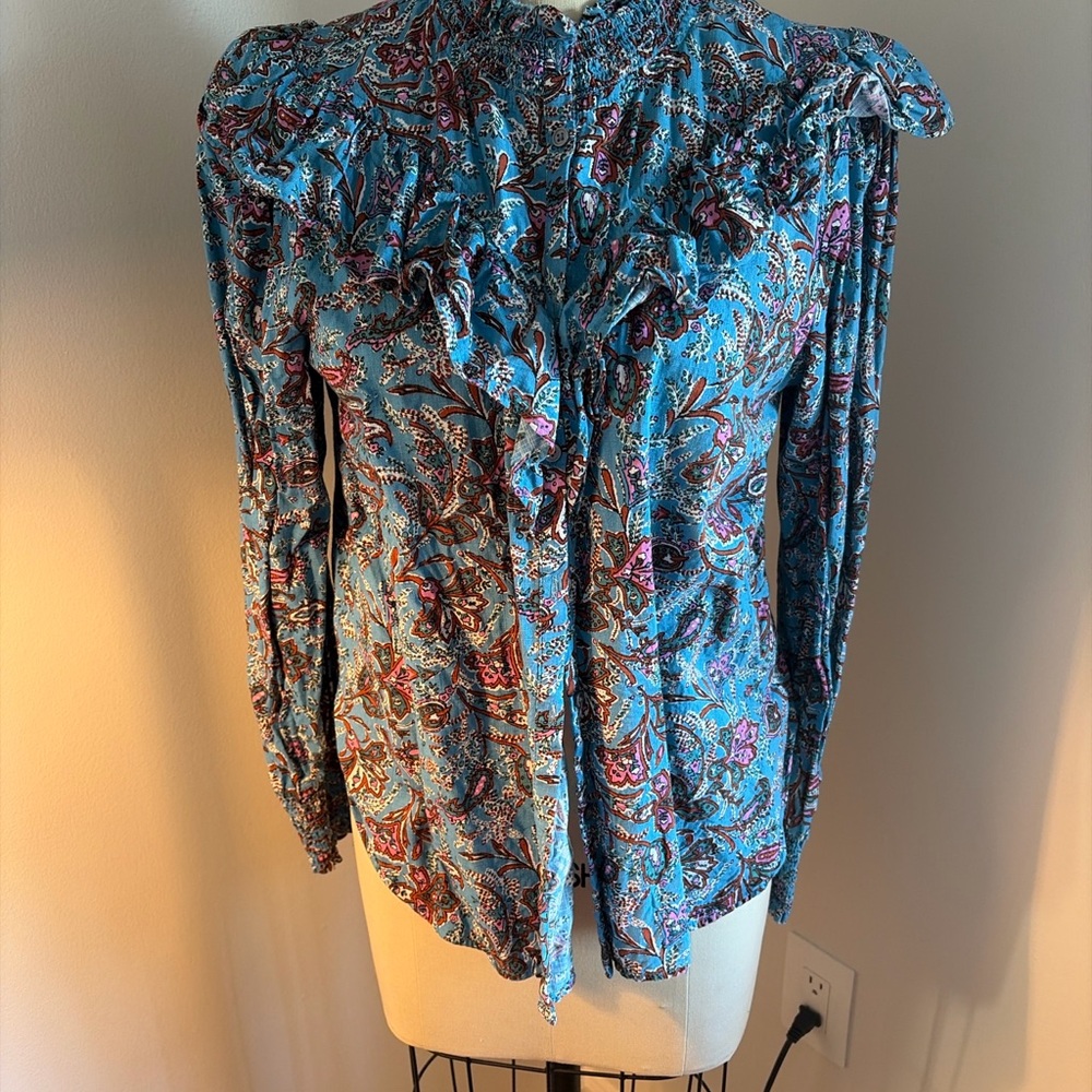 LOFT Teal Paisley Ruffle Blouse Small Boho